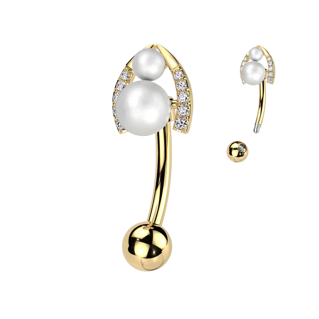 Surgical Steel Belly Ring With Double Pearl & CZ Horseshoe - Image 7