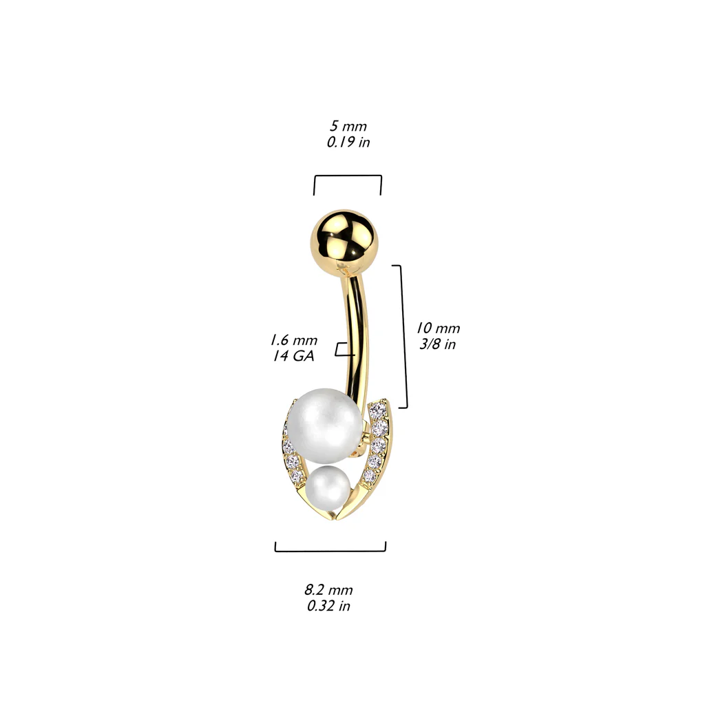 Surgical Steel Belly Ring With Double Pearl & CZ Horseshoe - Image 8