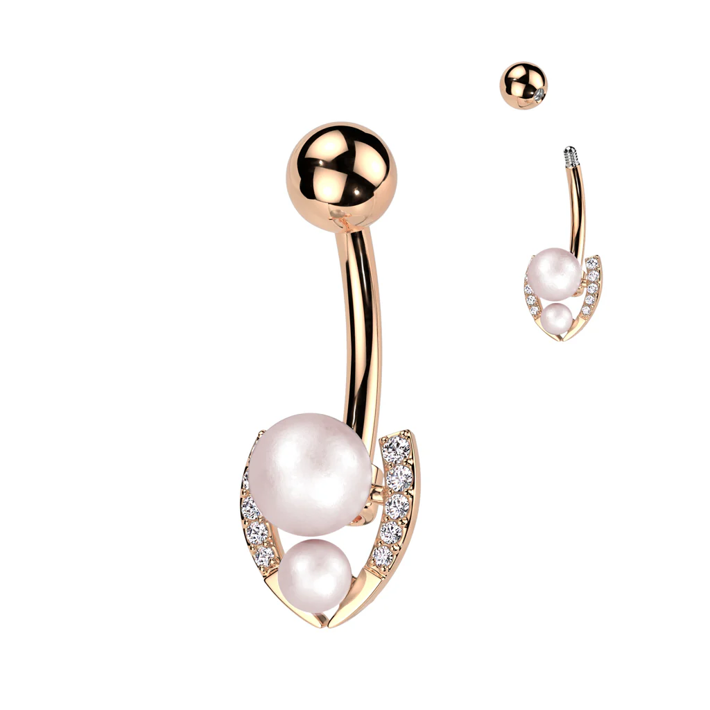 Surgical Steel Belly Ring With Double Pearl & CZ Horseshoe - Image 9