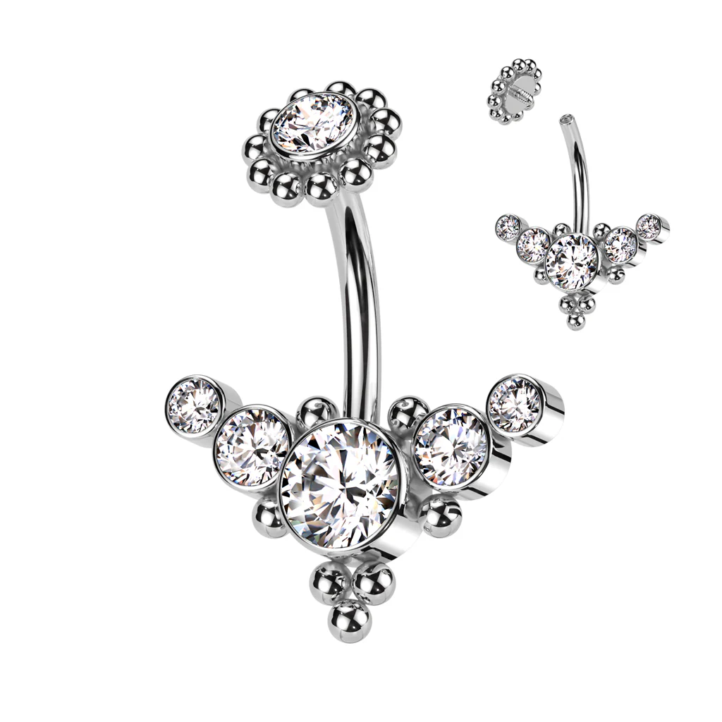 Bezel Set CZ & Ball Cluster And Beaded Ball Belly Ring - Image 3