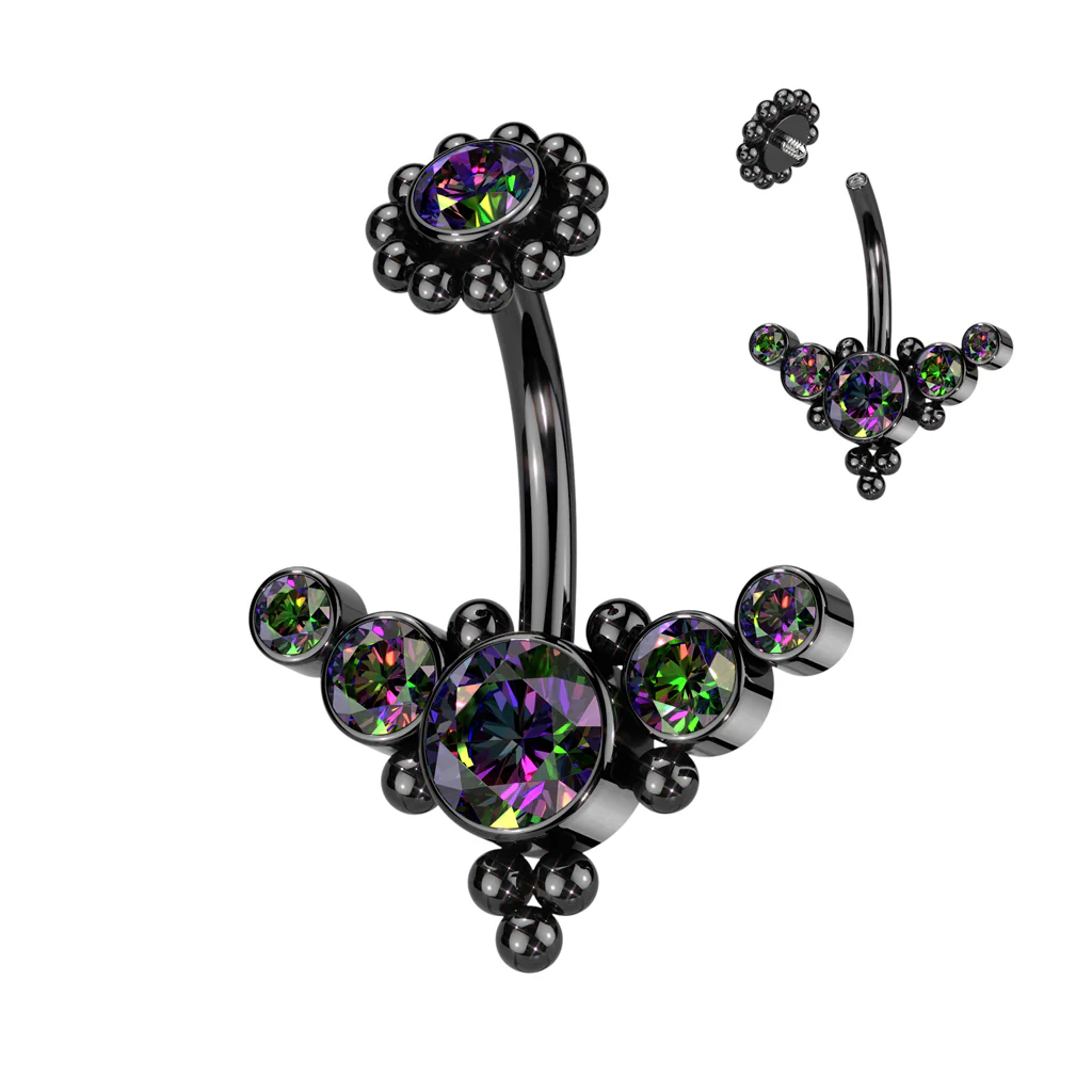 Bezel Set CZ & Ball Cluster And Beaded Ball Belly Ring - Image 4