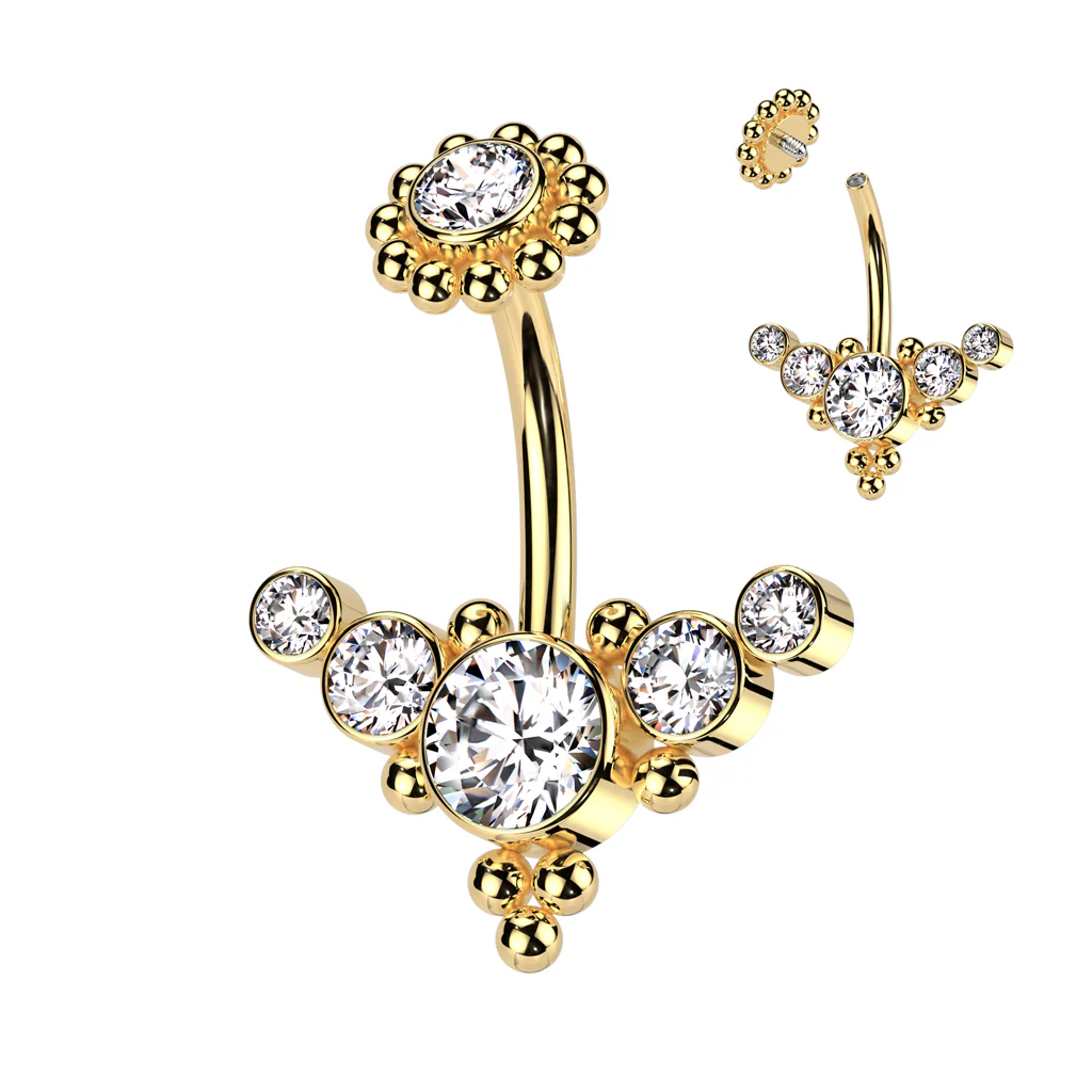 Bezel Set CZ & Ball Cluster And Beaded Ball Belly Ring - Image 5