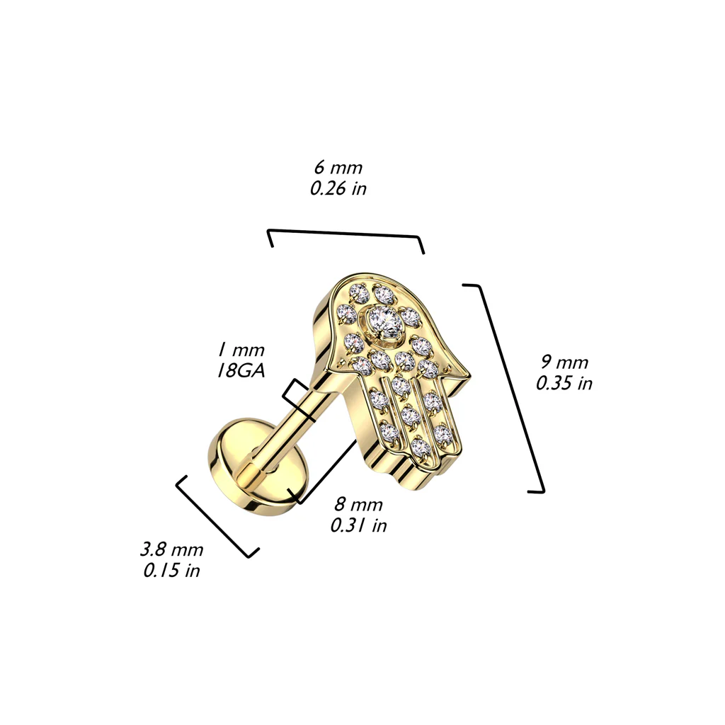 Titanium Threadless Push In Labret With Hamsa Pave CZ Top - Image 2