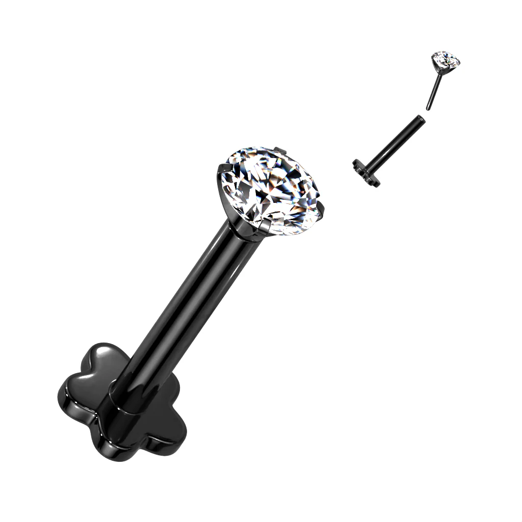 Implant Titanium Threadless Push-In Prong CZ Labret Flower Base Stud - Image 6