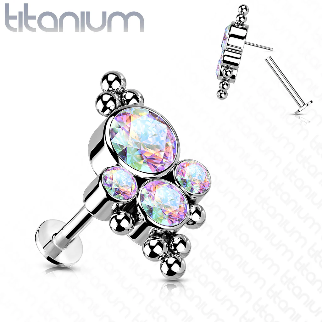 Titanium Threadless Bezel CZ Cluster Push in Labret Cartilage - Image 2