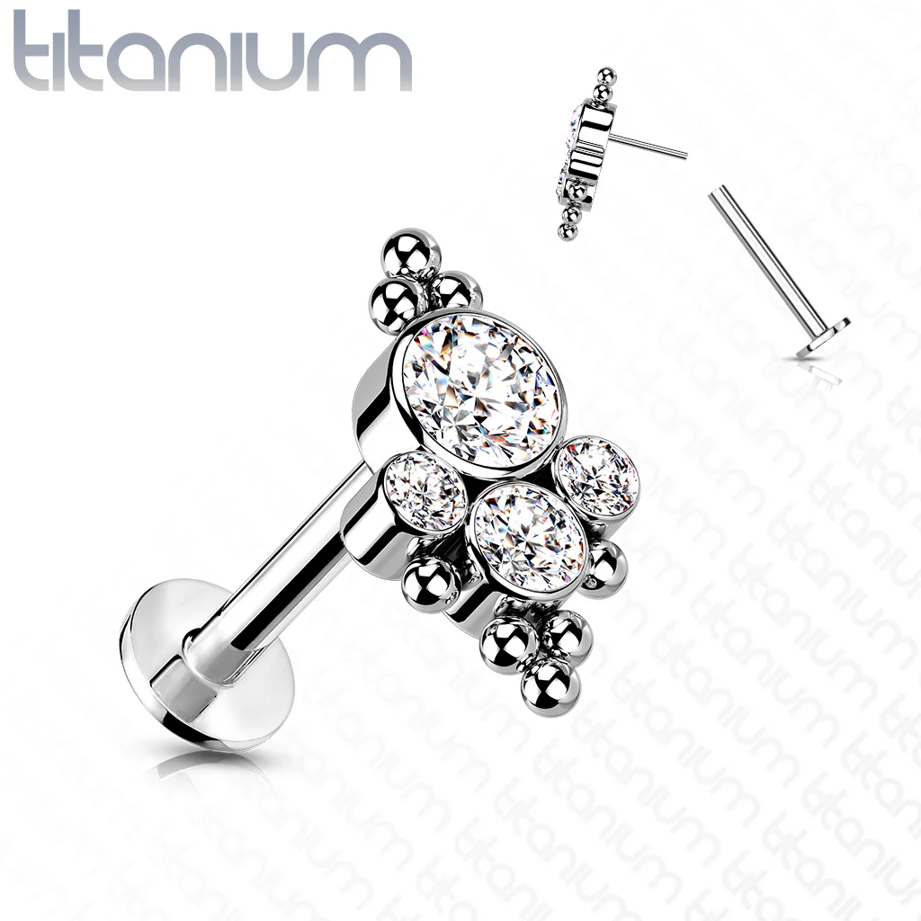 Titanium Threadless Bezel CZ Cluster Push in Labret Cartilage - Image 3