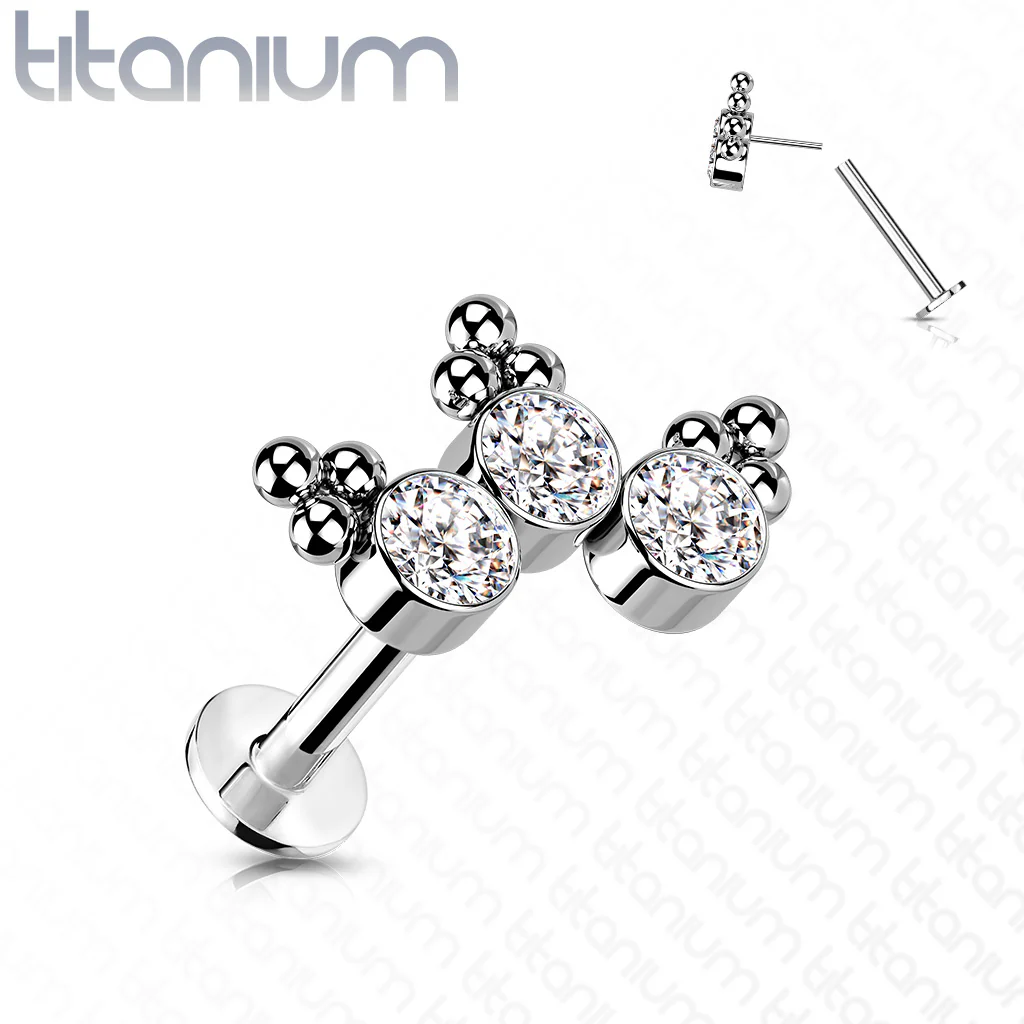 Titanium Threadless 3 Bezel Set Curved CZ Push in Labret Cartilage - Image 3