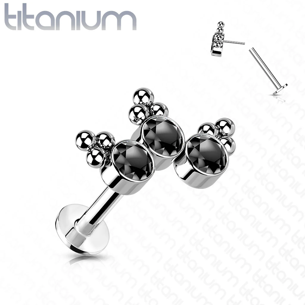 Titanium Threadless 3 Bezel Set Curved CZ Push in Labret Cartilage - Image 5