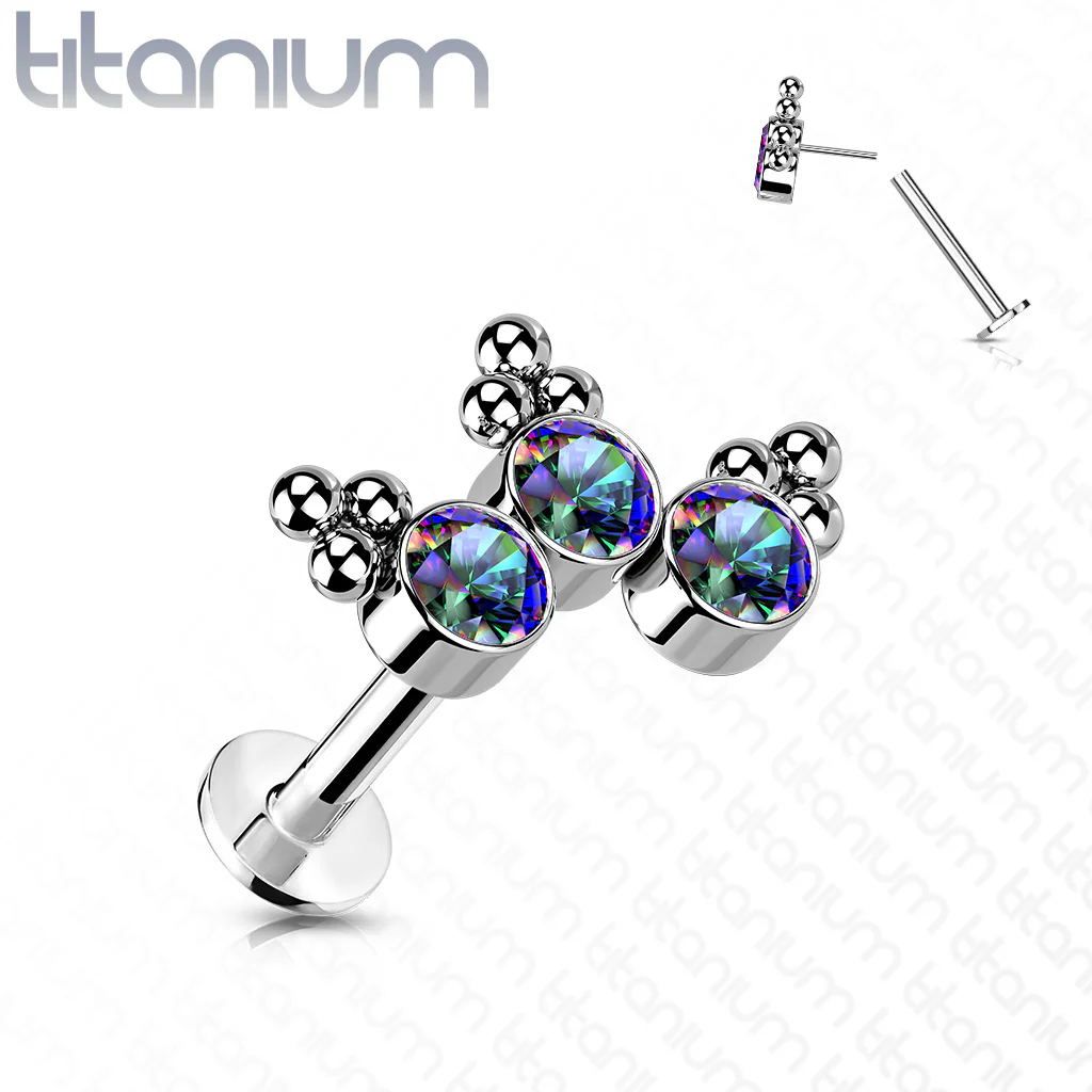 Titanium Threadless 3 Bezel Set Curved CZ Push in Labret Cartilage - Image 6