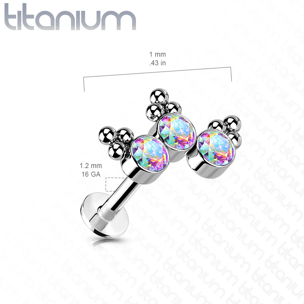 Titanium Threadless 3 Bezel Set Curved CZ Push in Labret Cartilage - Image 7