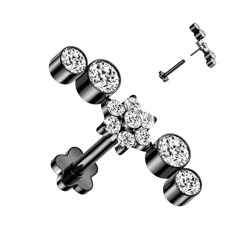 Titanium Threadless Push in CZ & Opal Flower Labret Cartilage - Image 4
