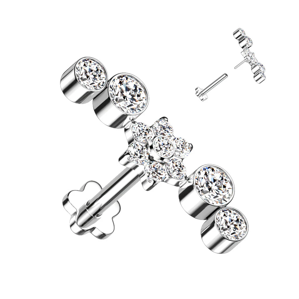 Titanium Threadless Push in CZ & Opal Flower Labret Cartilage - Image 6
