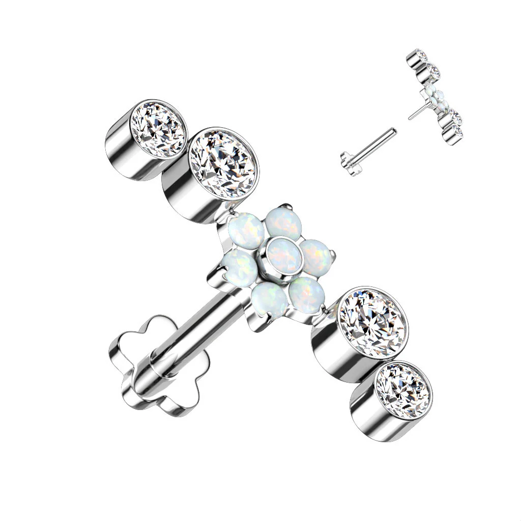 Titanium Threadless Push in CZ & Opal Flower Labret Cartilage - Image 7