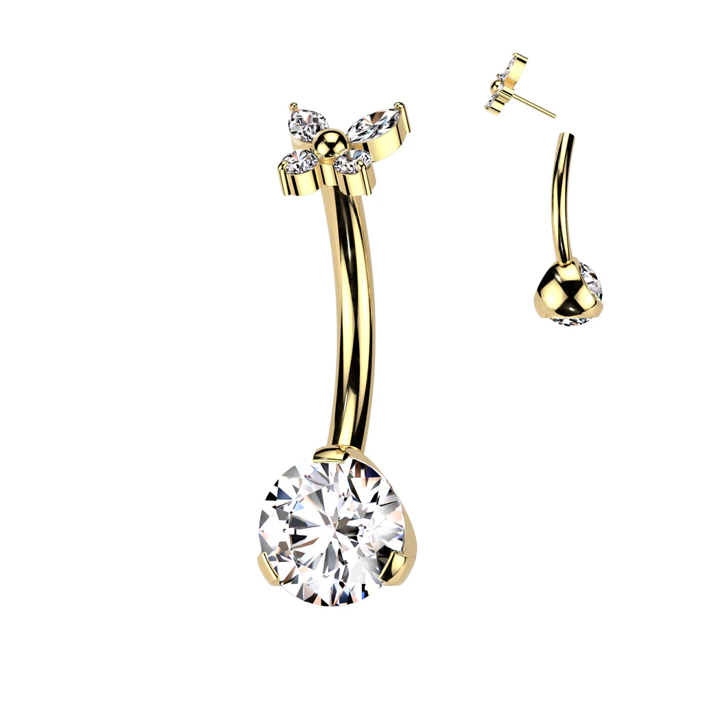 Titanium Threadless Push In CZ & Butterfly CZ Top Belly Button Ring - Image 3