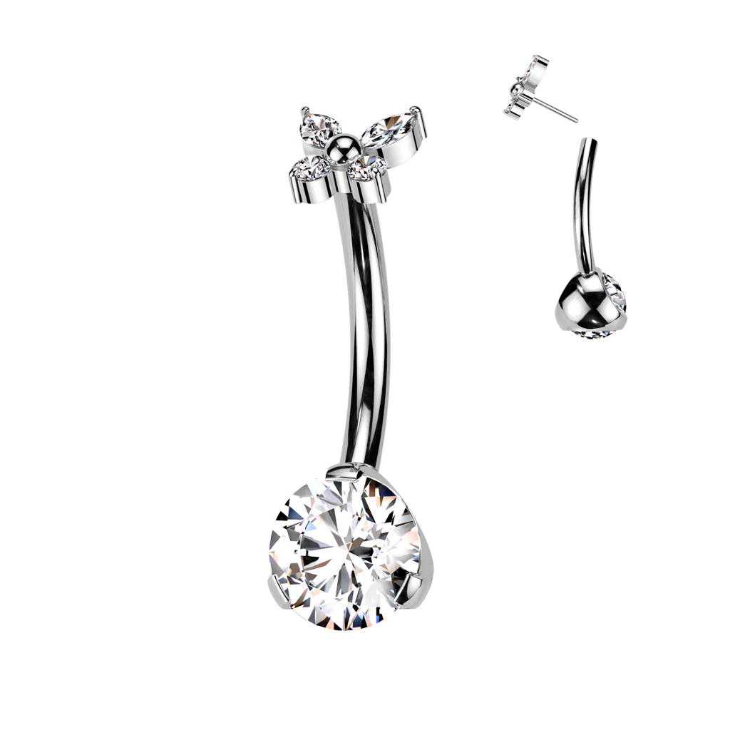 Titanium Threadless Push In CZ & Butterfly CZ Top Belly Button Ring - Image 4
