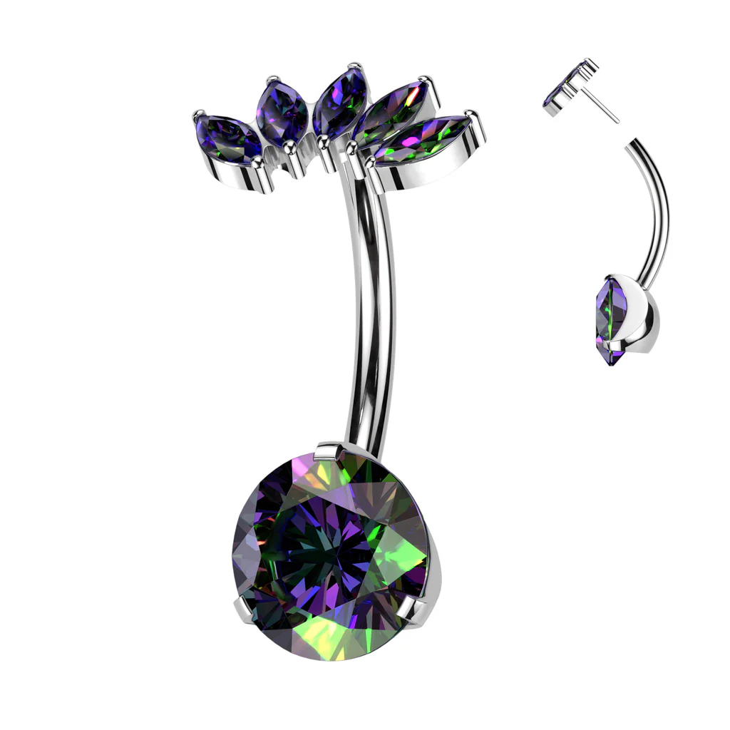 Titanium Threadless Push In CZ & 5 Marquise CZ Fan Top Belly Button Ring - Image 2