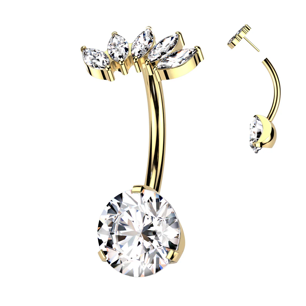 Titanium Threadless Push In CZ & 5 Marquise CZ Fan Top Belly Button Ring - Image 3