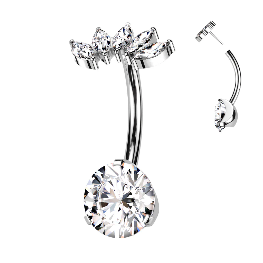Titanium Threadless Push In CZ & 5 Marquise CZ Fan Top Belly Button Ring - Image 4