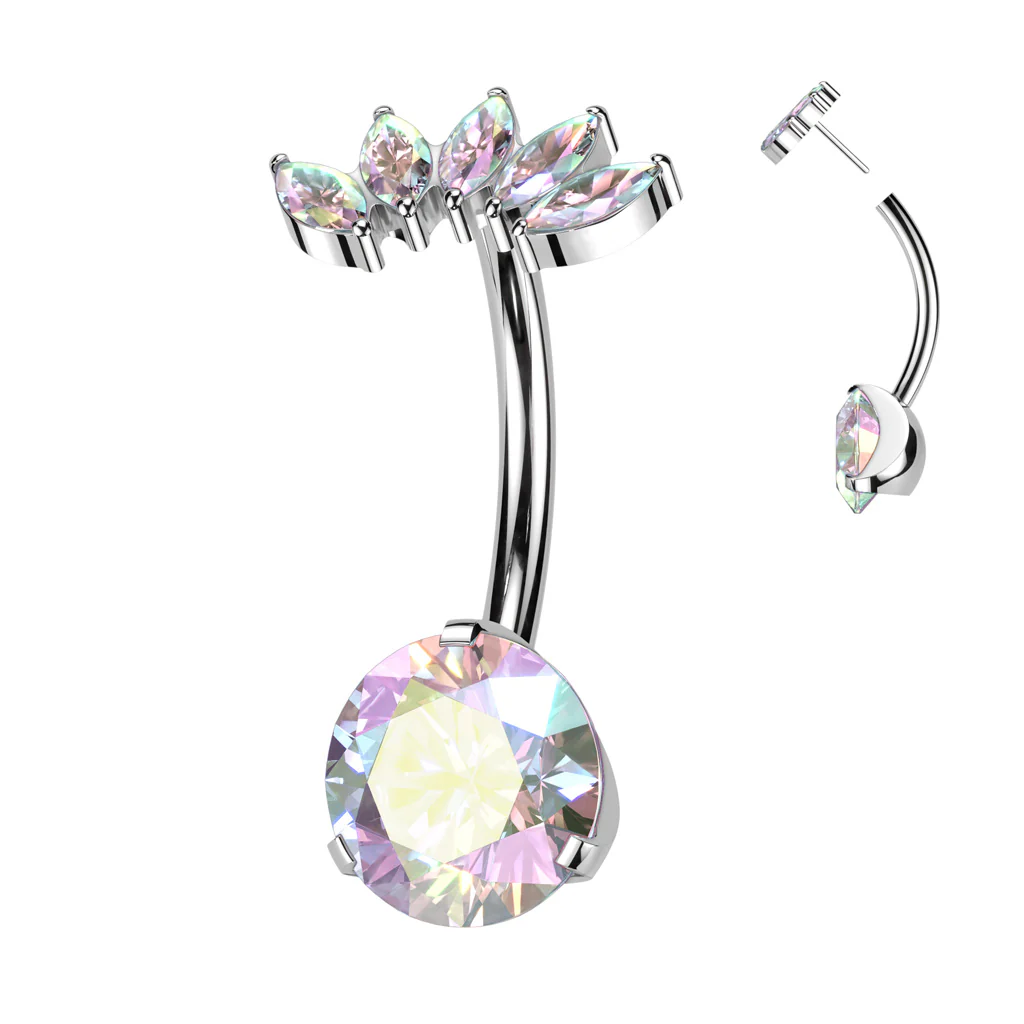 Titanium Threadless Push In CZ & 5 Marquise CZ Fan Top Belly Button Ring - Image 5