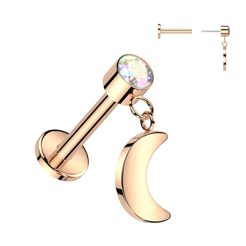 Titanium Threadless Push In Labret With Moon & CZ Top - Image 4