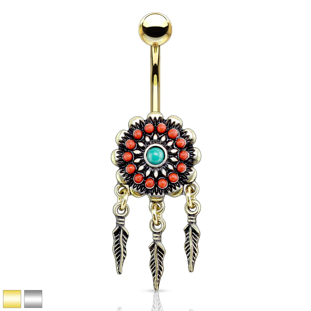 Tribal Flower With Turquoise Center Feather Dangle Surgical Steel Navel Belly Button Rings - Image 2