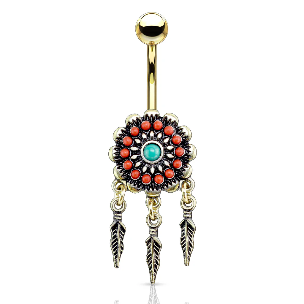Tribal Flower With Turquoise Center Feather Dangle Surgical Steel Navel Belly Button Rings - Image 3