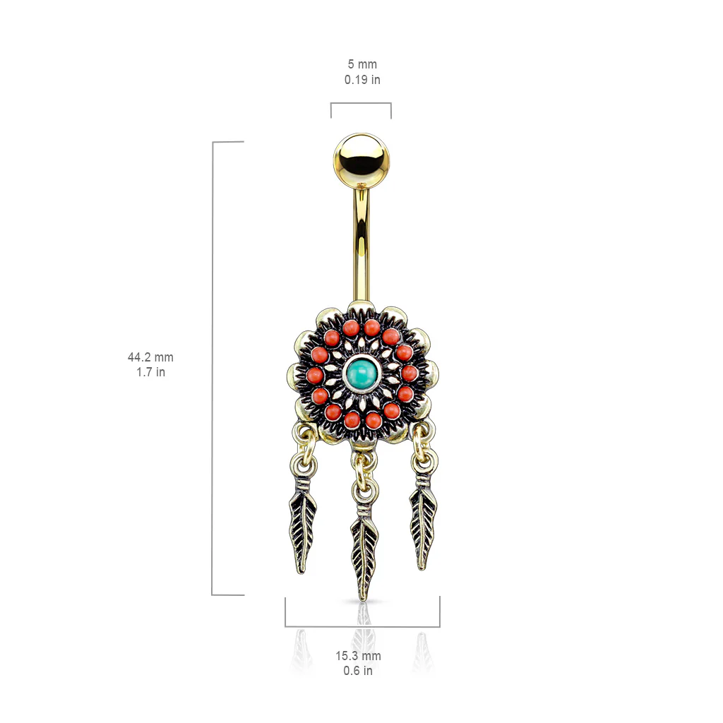 Tribal Flower With Turquoise Center Feather Dangle Surgical Steel Navel Belly Button Rings - Image 4