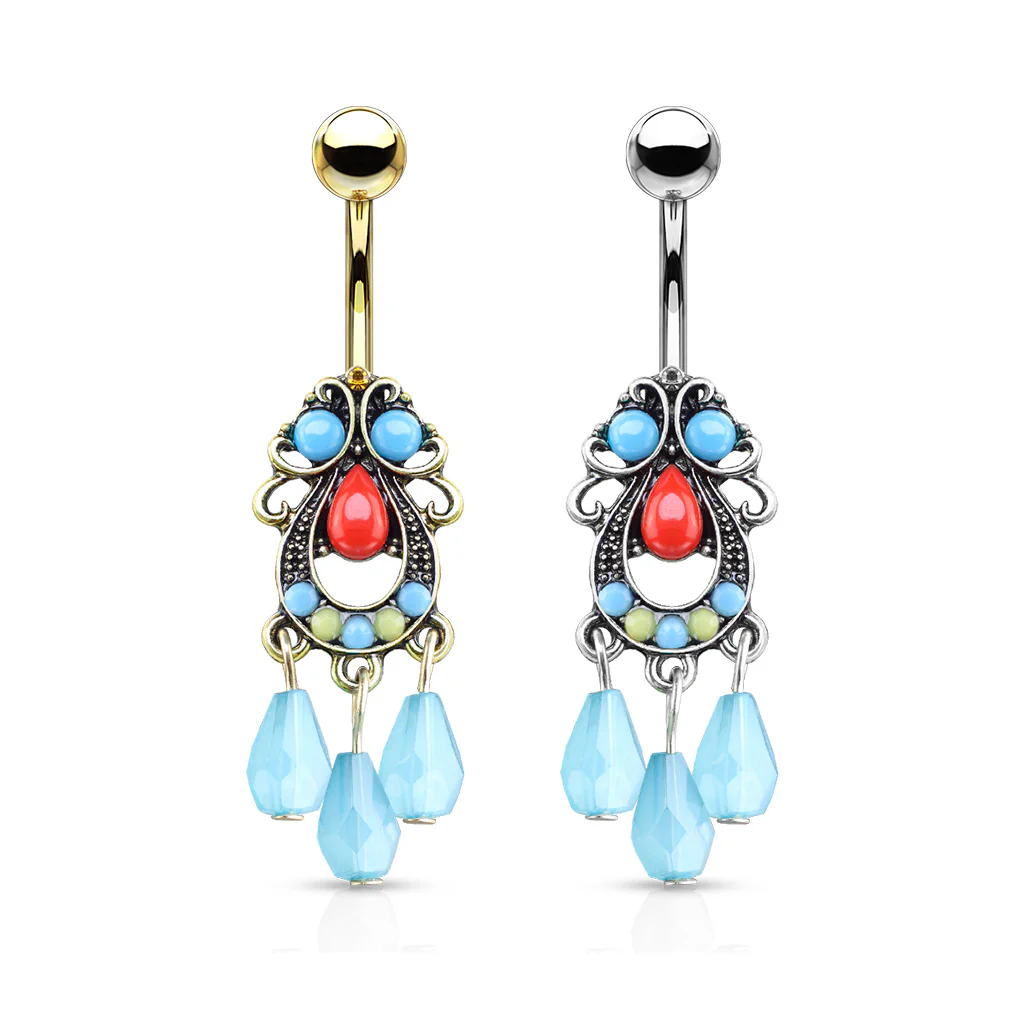 Turquoise Stone Set Tribal Filigree Beads Dangle Surgical Steel Navel Belly Button Rings