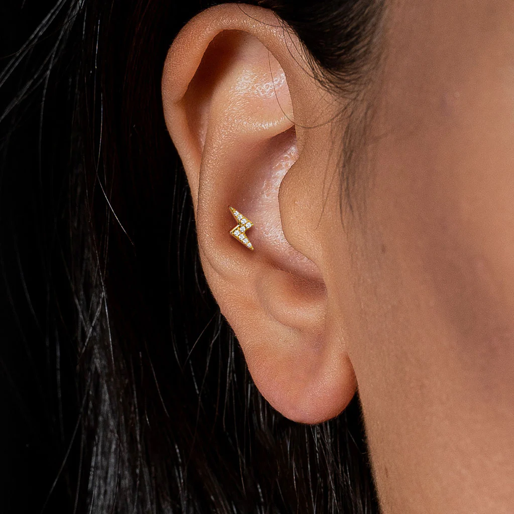 Paved CZ Lightning Bolt Top Labret Tragus Snug Ear Cartilage Helix Studs - Image 2