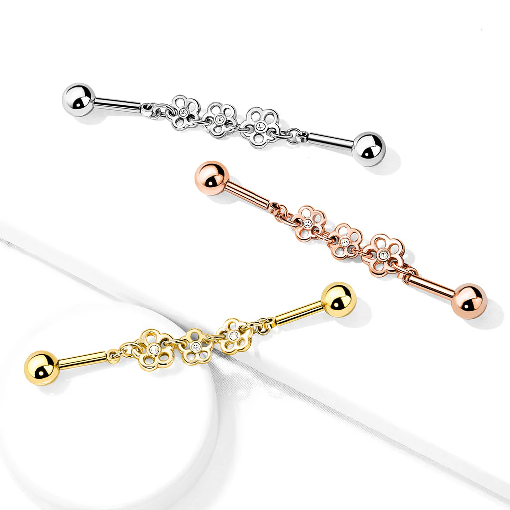 Triple Flower CZ Chain 316L Surgical Steel Industrial Barbells