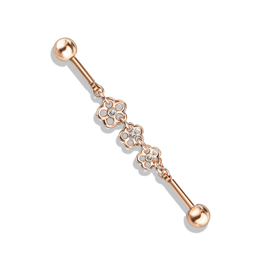 Triple Flower CZ Chain 316L Surgical Steel Industrial Barbells - Image 3