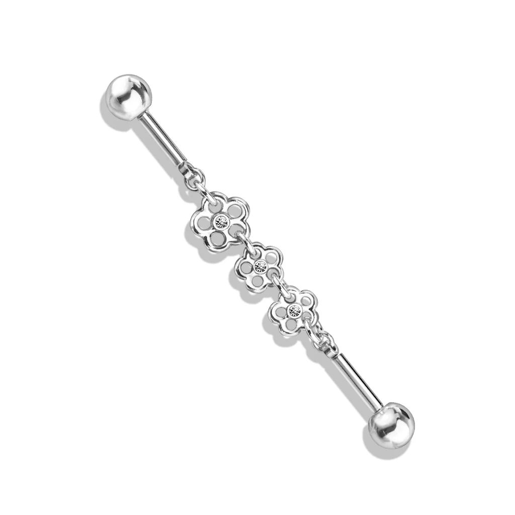 Triple Flower CZ Chain 316L Surgical Steel Industrial Barbells - Image 5