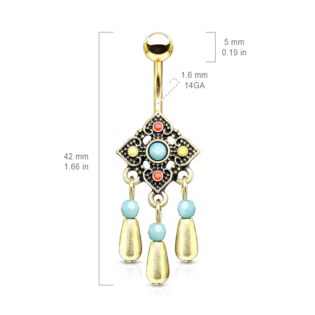 Tribal Flower With Turquoise Stone and Beads Dangle Surgical Steel Navel Belly Button Rings - Image 2