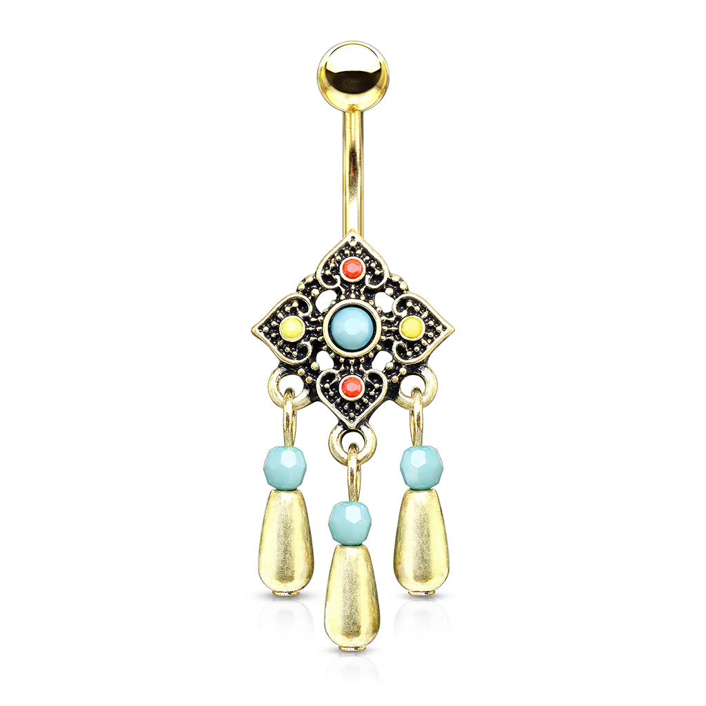 Tribal Flower With Turquoise Stone and Beads Dangle Surgical Steel Navel Belly Button Rings - Image 3