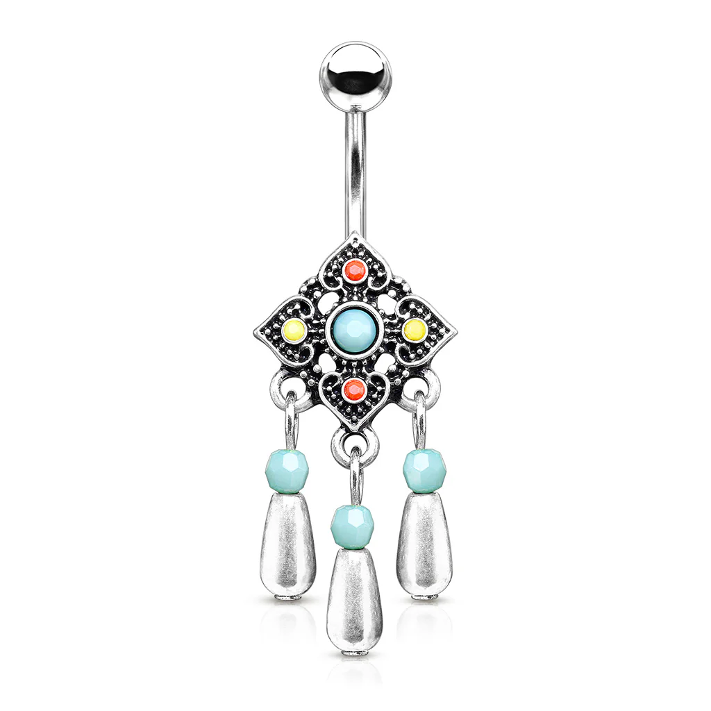 Tribal Flower With Turquoise Stone and Beads Dangle Surgical Steel Navel Belly Button Rings - Image 4