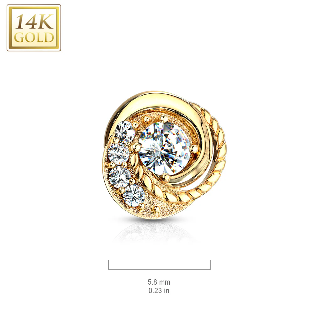 14K Solid Gold CZ Center Swirl With Accented 6mm Dermal Anchor Top - Image 3