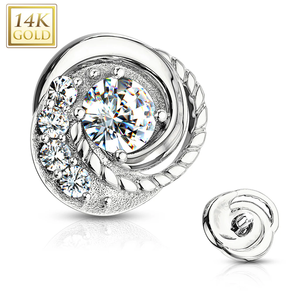 14K Solid Gold CZ Center Swirl With Accented 6mm Dermal Anchor Top - Image 4