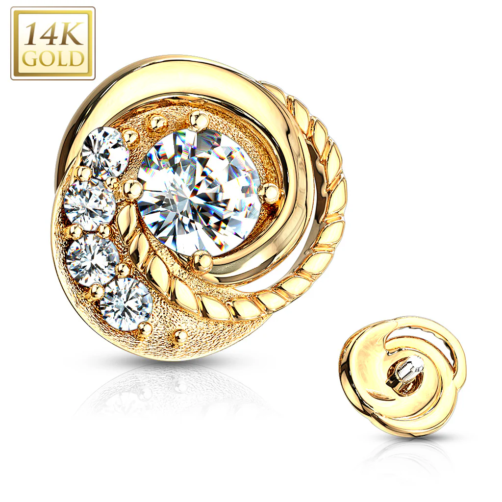 14K Solid Gold CZ Center Swirl With Accented 6mm Dermal Anchor Top - Image 5