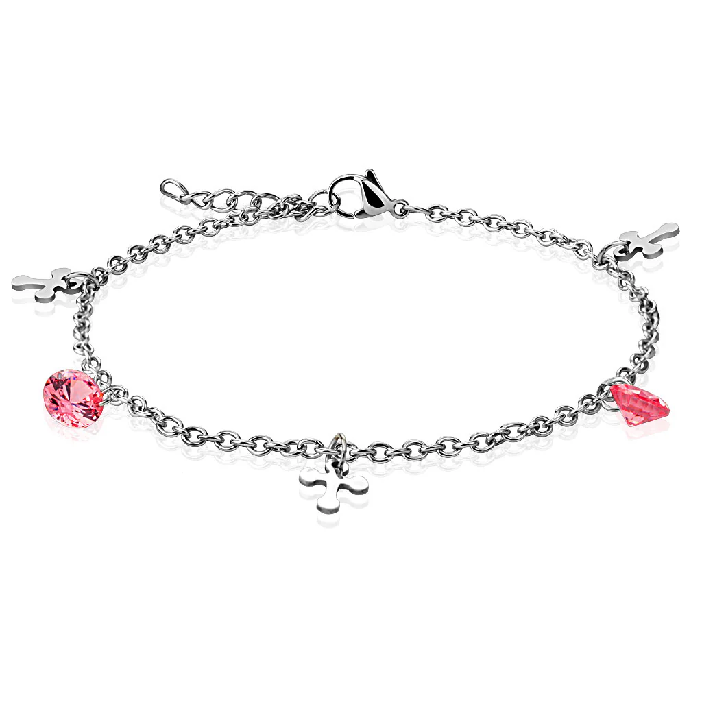 Cross And CZ Charm 316L Stainless Steel Gold Chain Anklet / Bracelet - Image 2