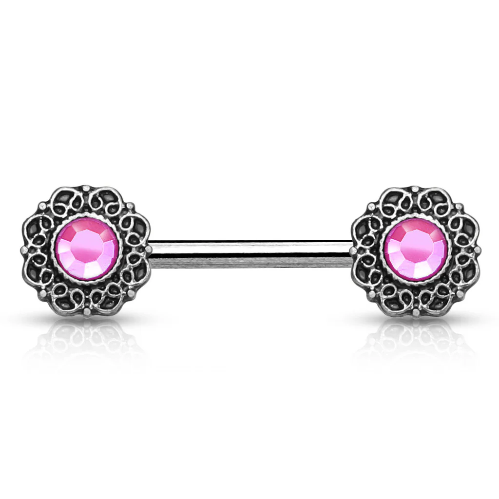Pair of Crystal Tribal Heart Filigree Surgical Steel Nipple Barbells - Image 3