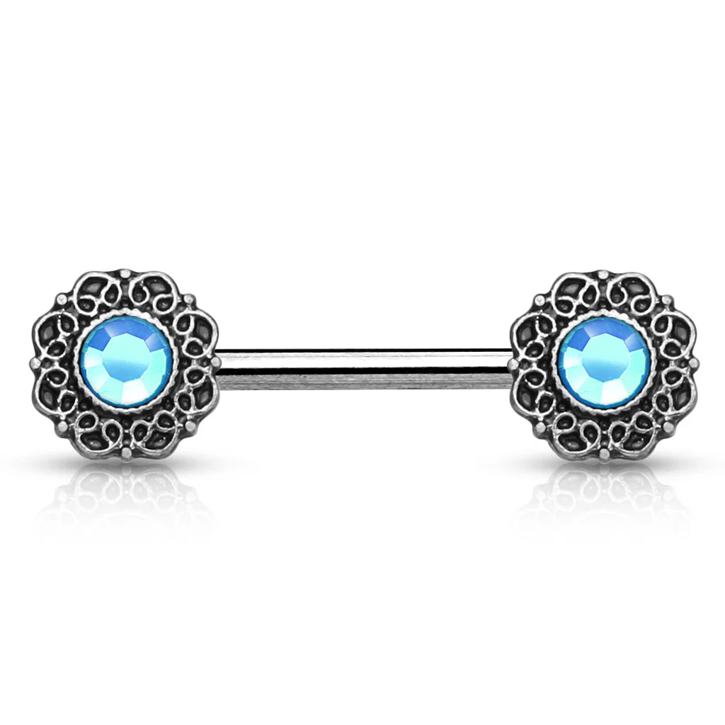 Pair of Crystal Tribal Heart Filigree Surgical Steel Nipple Barbells - Image 4
