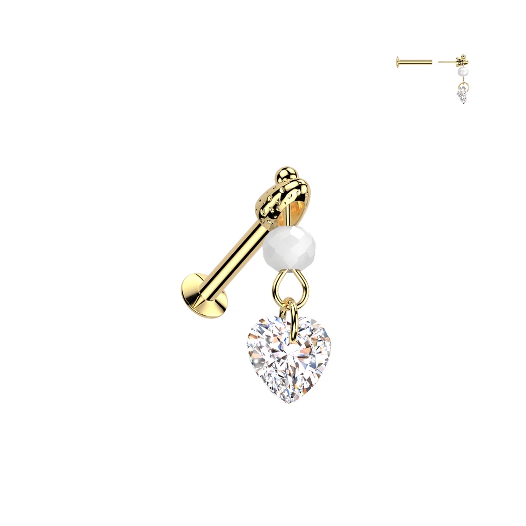 Heart CZ & Bead Dangle Threadless Push In Labret Tragus Snug Ear Cartilage - Image 3