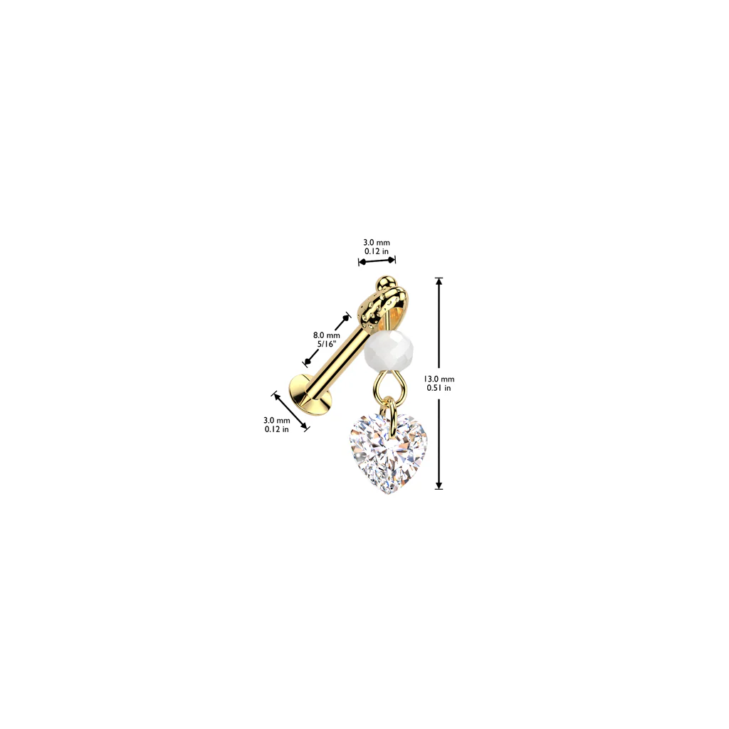 Heart CZ & Bead Dangle Threadless Push In Labret Tragus Snug Ear Cartilage - Image 4