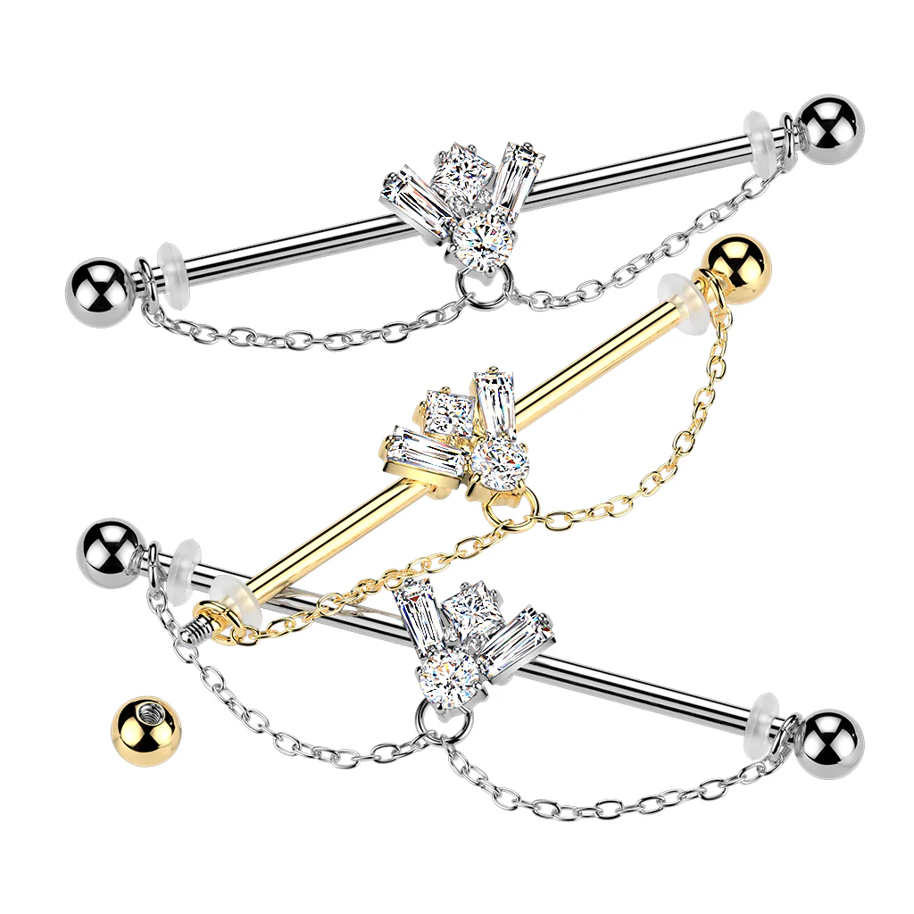CZ Bee With Double Chain Dangle Industrial Barbell 14G - Image 2