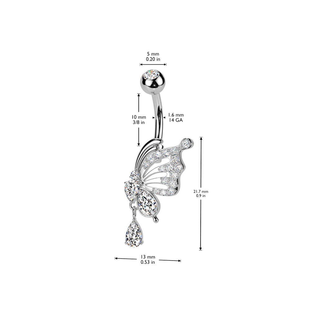 CZ Butterfly & Tear Drop Dangle Belly Button Ring - Image 4