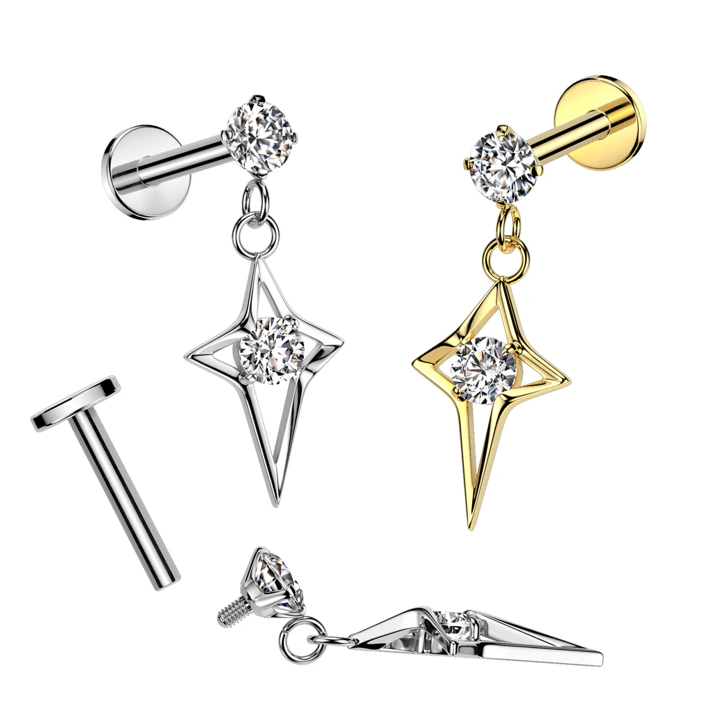CZ Center Hollow Star Cross Dangle Labret Ear Cartilage Tragus - Image 2