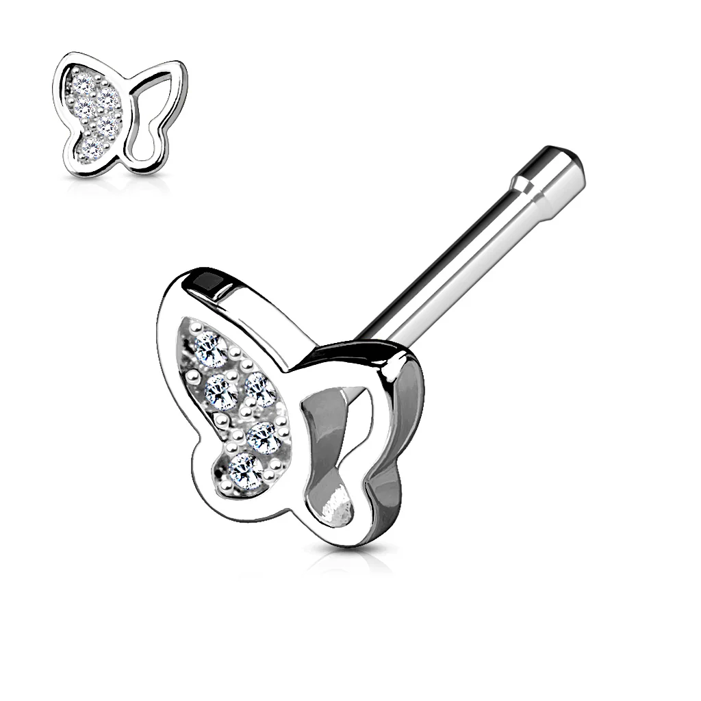 CZ Butterfly Top Surgical Steel Nose Bone Stud Rings - Image 2