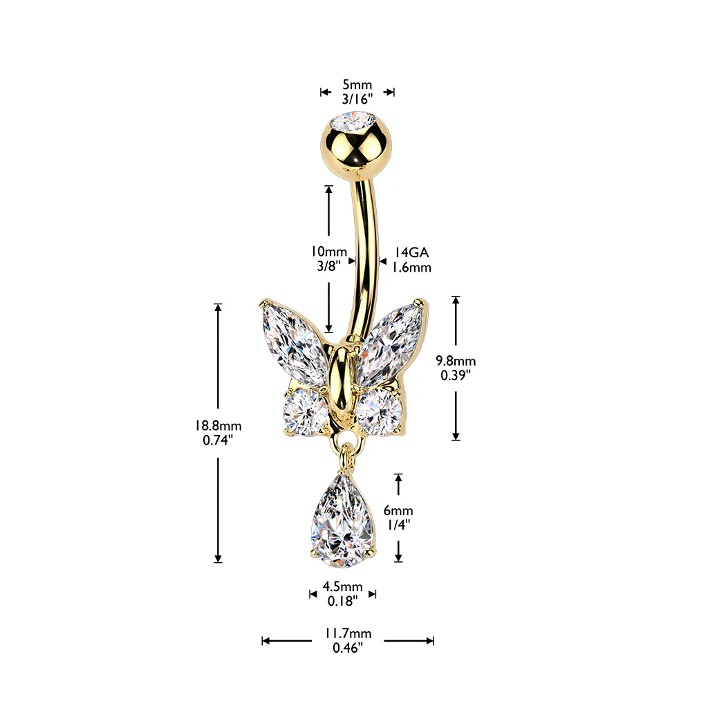 CZ Butterfly With Tear Drop CZ Dangle Belly Button Navel Rings - Image 2