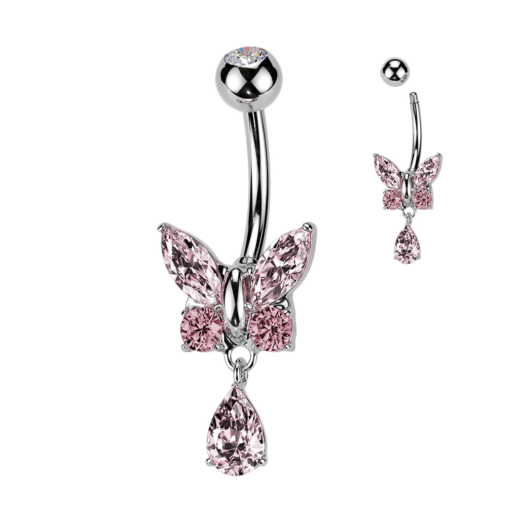 CZ Butterfly With Tear Drop CZ Dangle Belly Button Navel Rings - Image 4