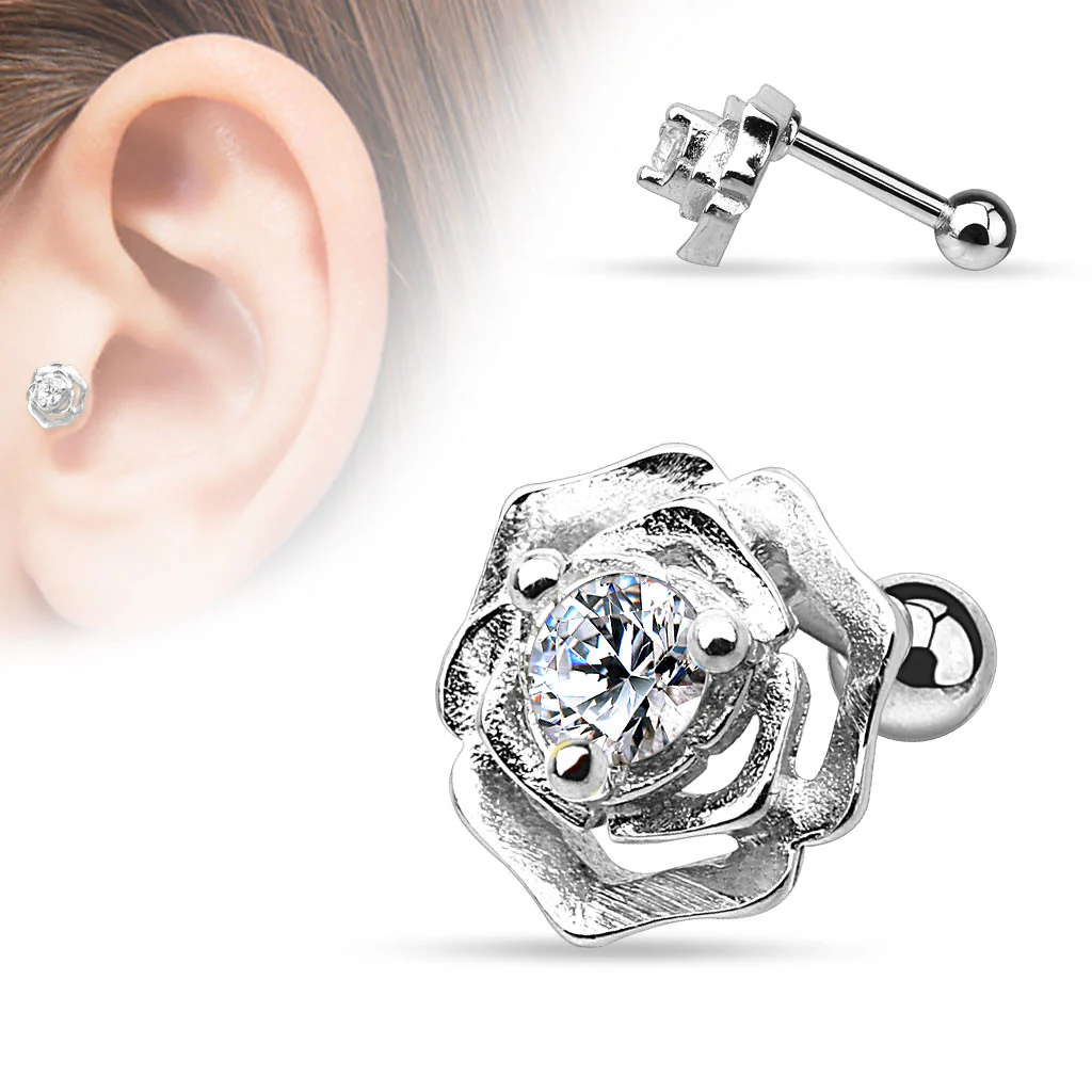 CZ Centered Flower 316L Surgical Steel Cartilage/Tragus Barbell - Image 2